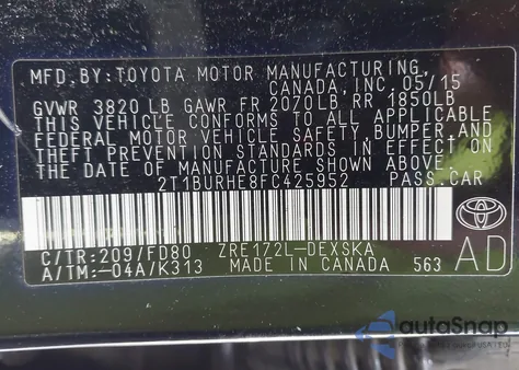 2015 Toyota Corolla S Plus from USA, damaged, VIN 2T1BURHE8FC425952